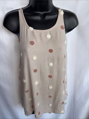 MINE Beige Tank Top Pink/White Textured Polka‎ Dots Size Small, 19” PTP, 23” L